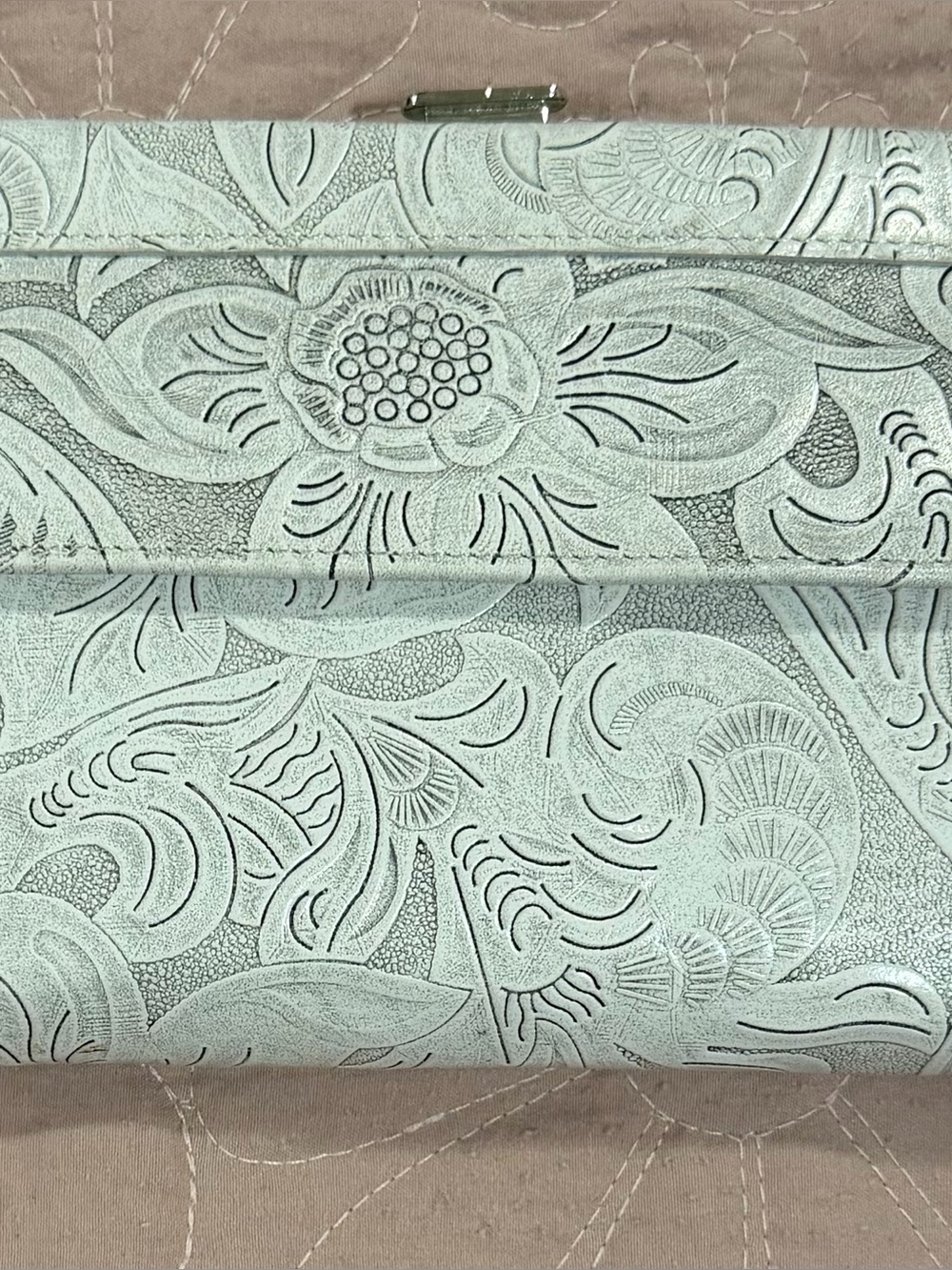 Lodis White and Grey Floral Embossed Leather Clutch